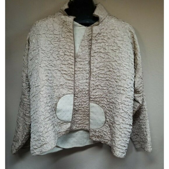 Noblu 2-Pc Womens L/M Crinkle Top & Stand Collar Jacket Set Lightweight Beige